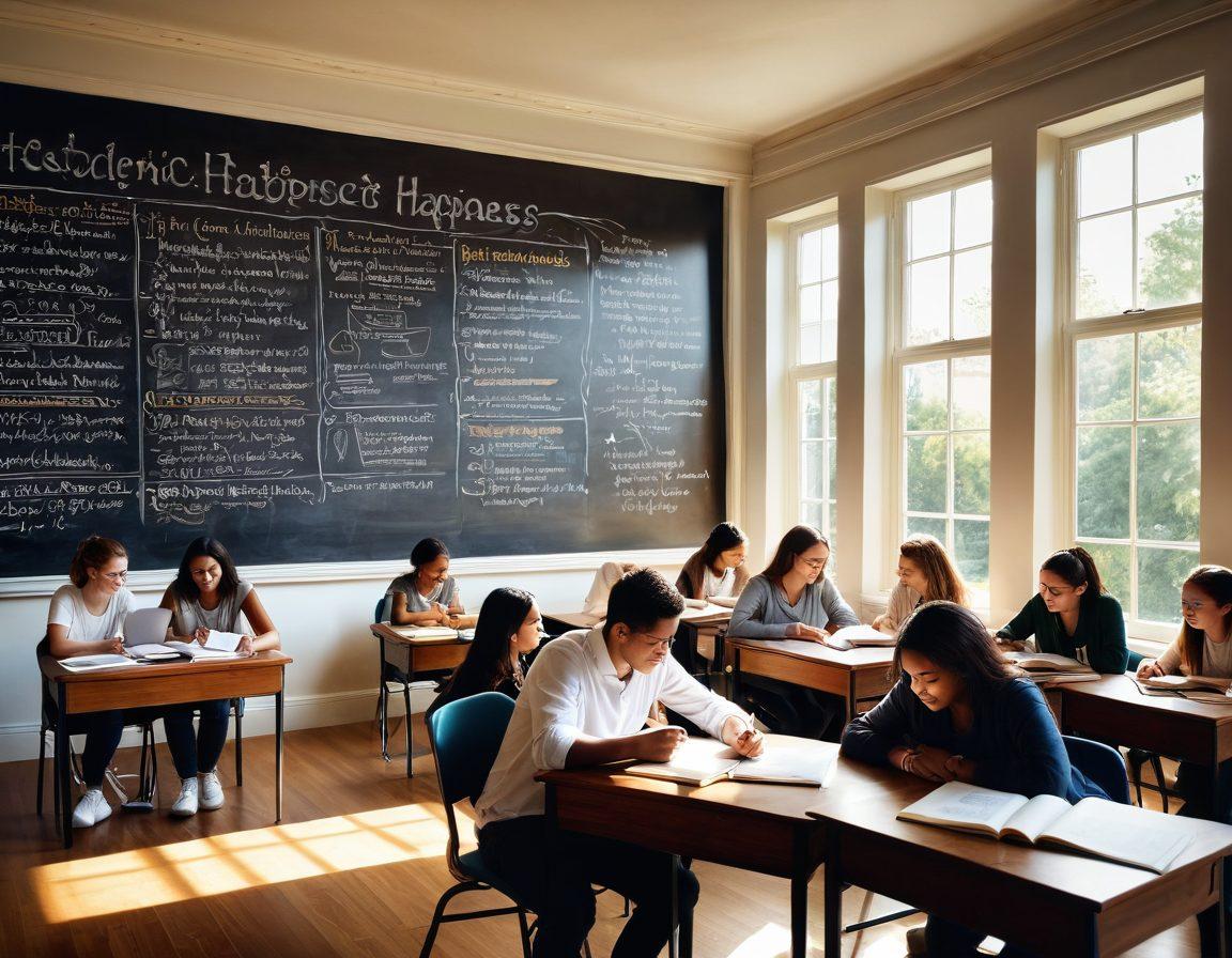 A serene academic setting, featuring a diverse group of students joyfully studying together in a sunlit library, surrounded by books and inspirational quotes on the walls. In the foreground, a chalkboard illustrates a mind map connecting 'Academic Excellence' to 'Happiness' with bright, uplifting visuals. Soft sunlight streams through the large windows, creating a warm and inviting atmosphere. super-realistic. vibrant colors. cozy ambiance.