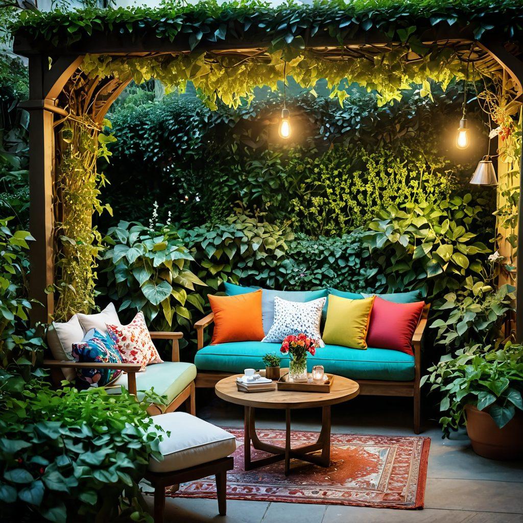 A serene secluded space surrounded by lush ivy plants, with a cozy seating area adorned with colorful pillows, soft lighting, and a small table filled with vibrant flowers. In the background, light filters through the green leaves, creating a warm and inviting atmosphere. Include whimsical elements like butterflies or birds to evoke a sense of joy and tranquility. super-realistic. vibrant colors. soft focus.