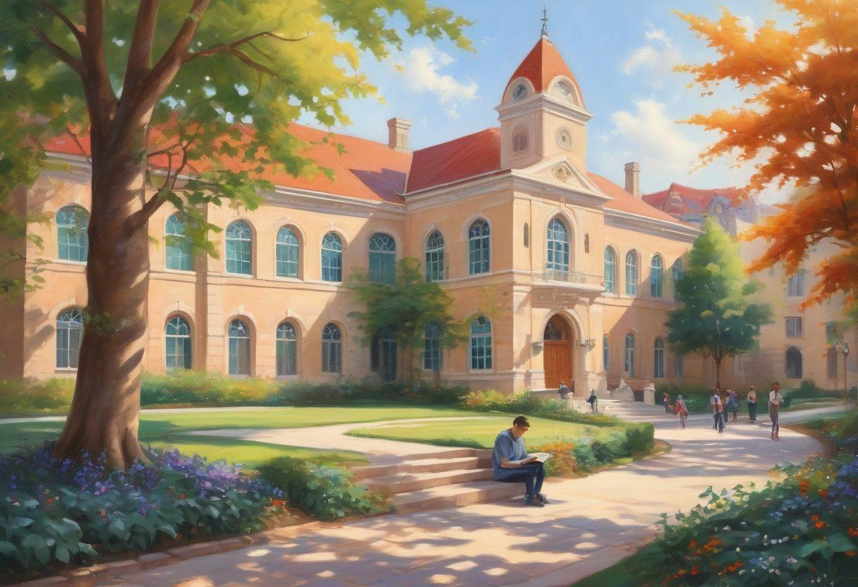 A serene landscape featuring a university campus with ivy-covered buildings, people engaging in joyful activities like reading and meditating, surrounded by nature. Incorporate elements of harmony, wisdom, and happiness through soft pastel colors and warm sunlight. Incorporate symbolic items like open books and smiling faces to represent exclusive knowledge and contentment. painting. vibrant colors.
